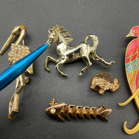 Vintage Animal Brooches Pins Jewelry Lot of 7 Enamel Rhinestone Faux Pearl