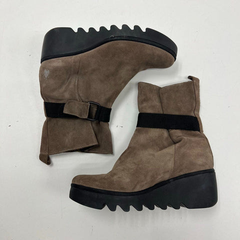 Fly London Yama Brown Suede Wedge Heel Ankle Boots Size 41