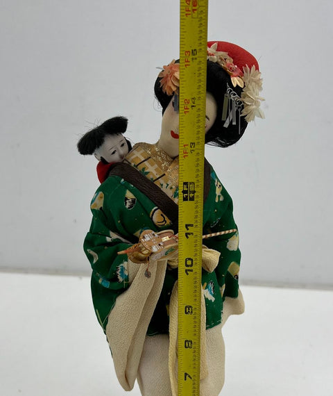 Vintage Mid-Century Japanese Geisha Doll Figure Gofun Face Kimono Wood Base