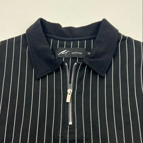 Mauvais Men's Black Pinstripe Quarter Zip Stretch Polo Shirt Size S