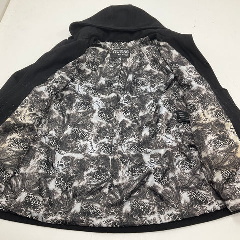 Guess Black Wool Blend Hooded Swing Peacoat Paisley Lining Women's