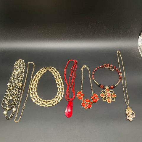 Vintage & Modern Statement Costume Jewelry Lot of 7 Necklaces Bracelet Gold Tone