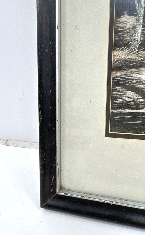 Vintage Mid-Century Japanese Castle Silk Thread Embroidered Framed Art Picture
