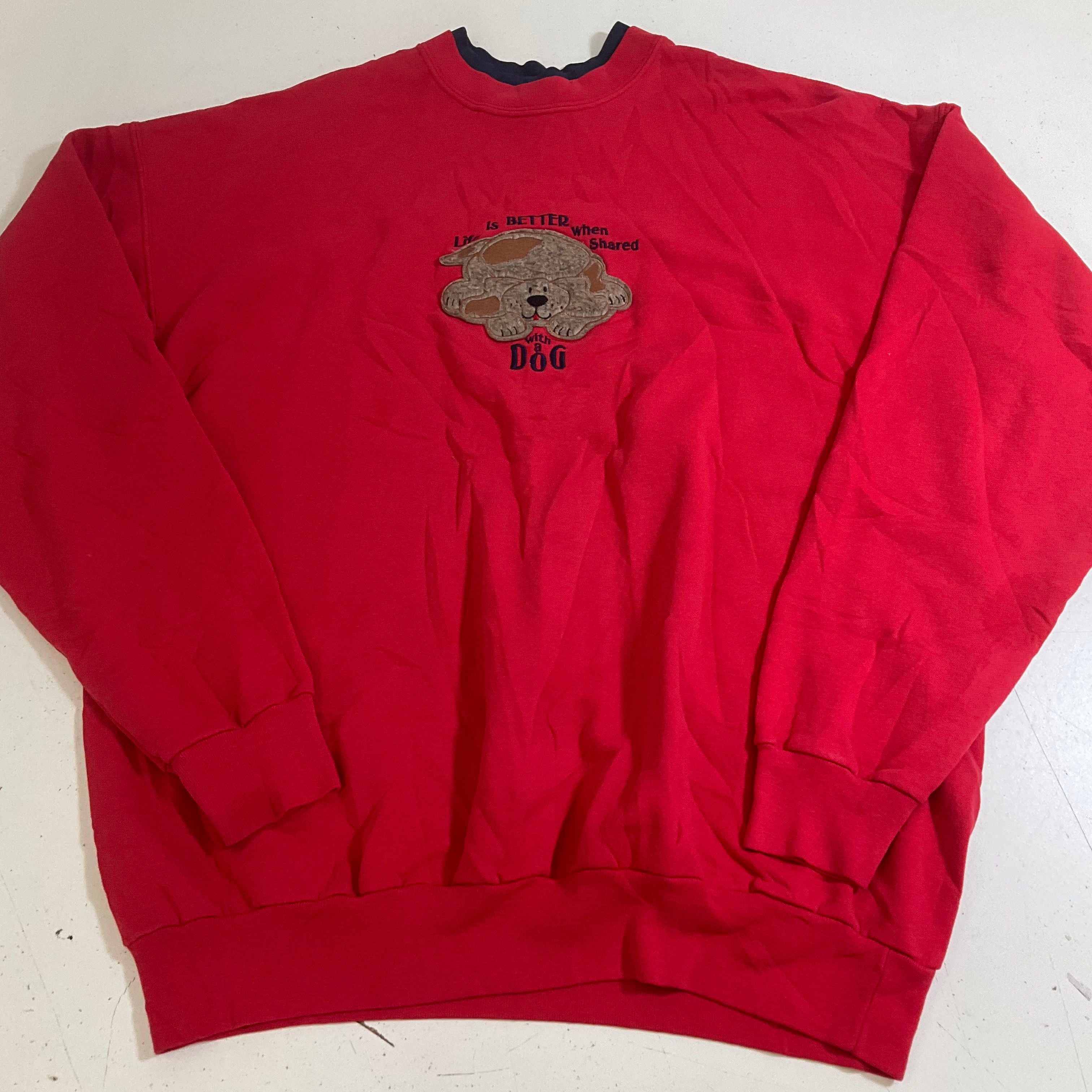 Vintage 90s Mei Sty'le Red Dog Embroidered Applique Crewneck Sweatshirt L