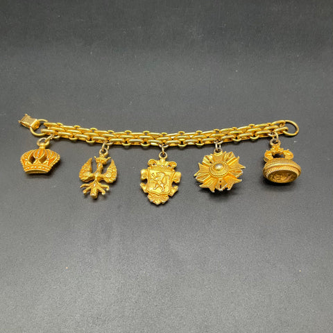 Vintage Heraldic Gold Tone Chunky Charm Bracelet Crown Lion Eagle 8"