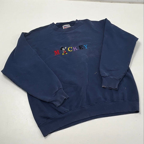 Vintage 90s Mickey Mouse Embroidered Disney Sweatshirt Navy Blue Size XL