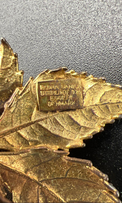 Flora Danica Copenhagen Gold Gilt Sterling Silver Leaf Brooch Earring Set