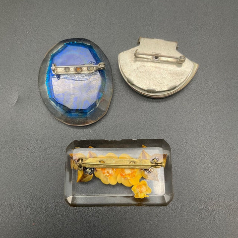 Vintage Lucite Reverse Carved Flower Jewelry Lot 3 Brooches 3 Pairs Earrings
