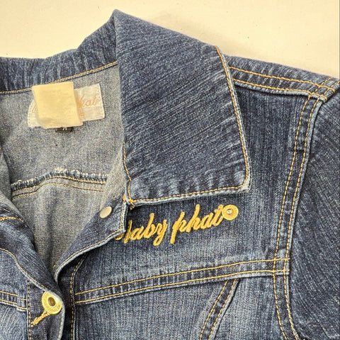 Vintage Y2K Baby Phat Women's Blue Jean Jacket Embroidered Cat Logo Sz M