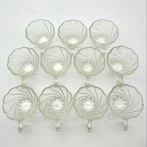 Pressed Glass Clear 11 Piece Lot Punch Bowl Cups Swirl Pattern Vintage