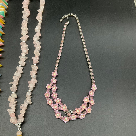 Vintage to Modern Costume Jewelry Lot 10 Necklaces 1 Pair Earrings Pink Purple
