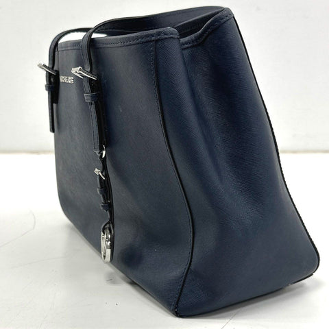 Michael Kors Navy Blue Saffiano Leather Jet Set Travel Tote Bag Silver Hardware