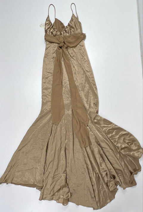 Vera Wang Maids Women's Almond Gold Ruched Spaghetti Strap Formal Gown Sz 10