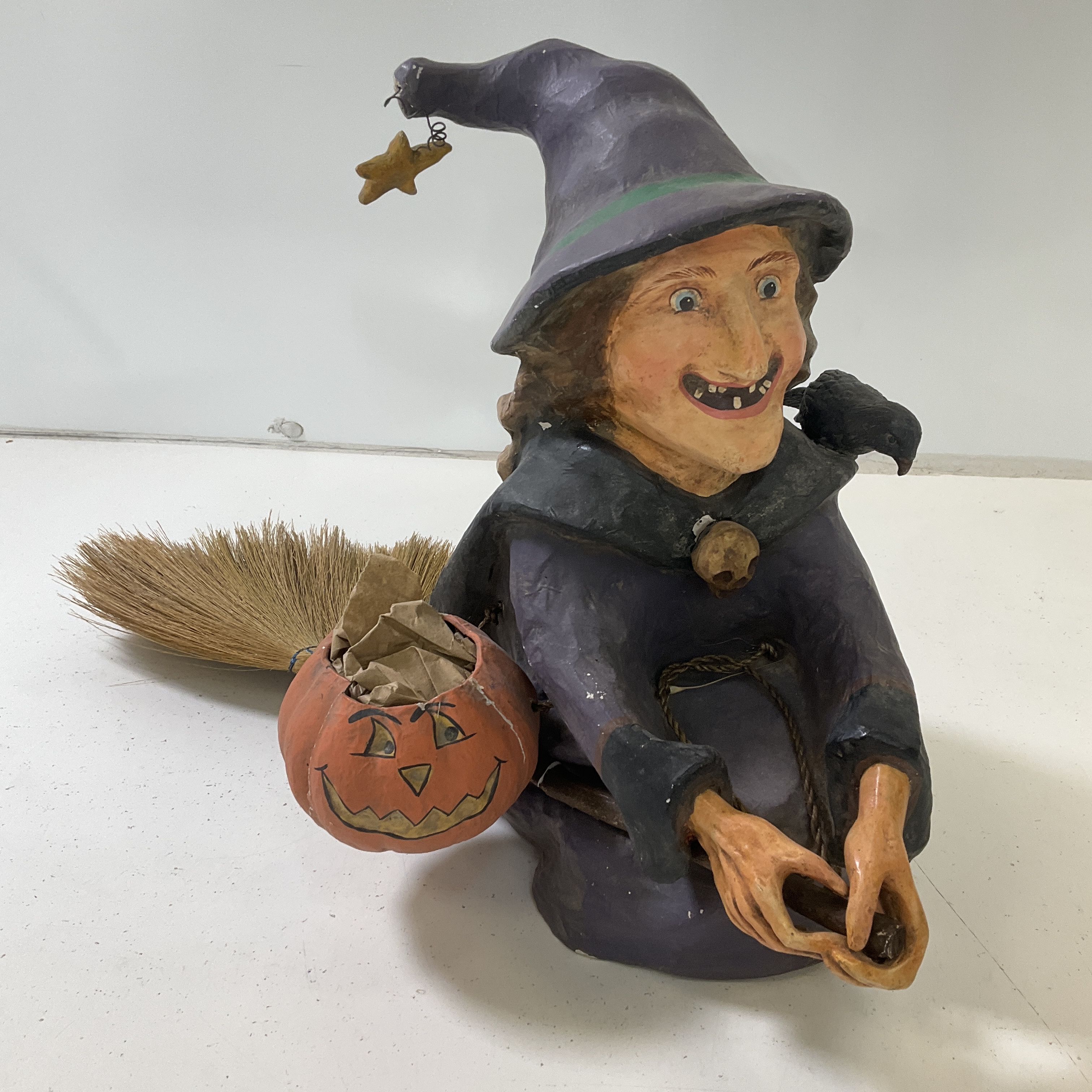 Vintage Style Halloween Papier Mâché Witch On Broom Decoration