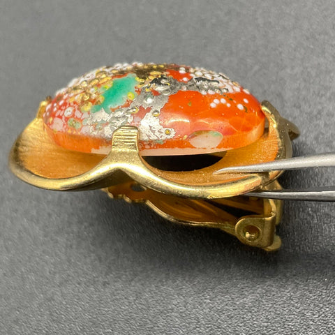 Vintage Signed Judy Lee Gold Tone Art Glass Splatter Cabochon Clip On Earrings