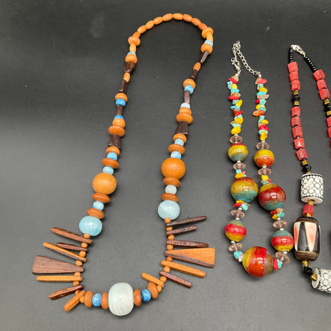 Boho Statement Necklace Lot of 5 Wood Faux Turquoise Tribal Beaded Mixed Media