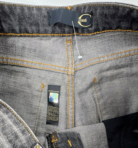 Vintage Y2K Just Cavalli Women's Gray Flared Rhinestone Logo Denim Jeans Sz 28
