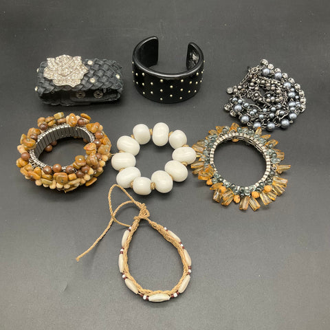 Boho Fashion Jewelry Bracelet Lot of 7 Cuffs Stretch Faux Pearl Rhinestone Retro
