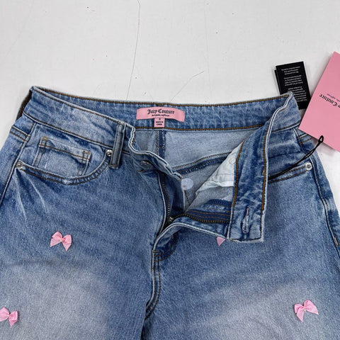 Juicy Couture Womens Blue Wide Leg Jeans Pink Bow Applique Pearl Detail NWT Sz 3