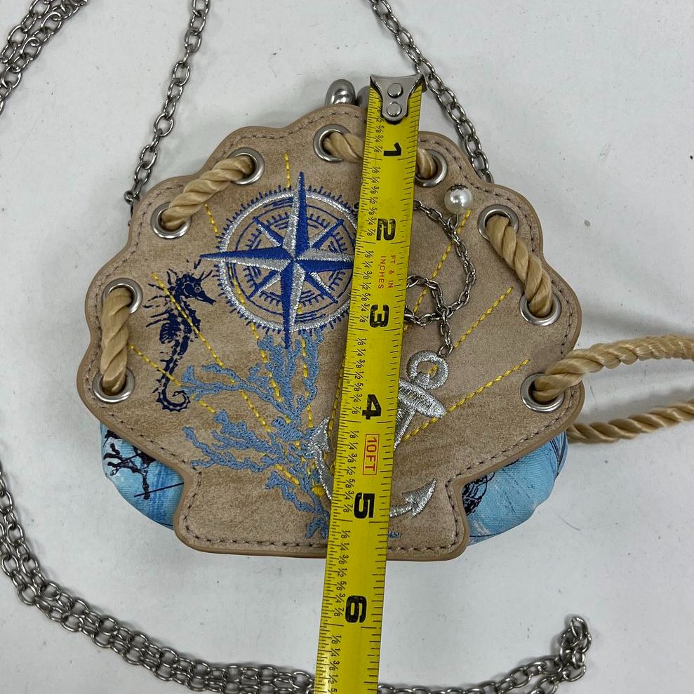Vendula London Nautical Shell Embroidered Kiss Lock Crossbody Purse Bag Tan Blue