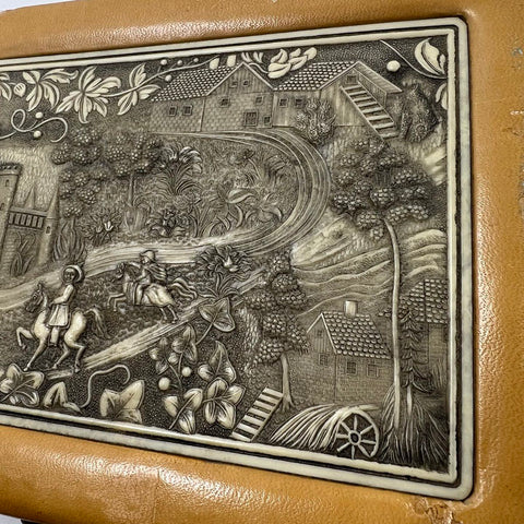 Vintage Mid-Century Medieval Scene Jewelry Box Two Tier with Key Faux Leather