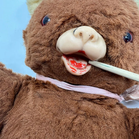 Vintage 50s 60s Rubber Face Teddy Bear Plush Brown Mid Century Kitsch Toy Doll