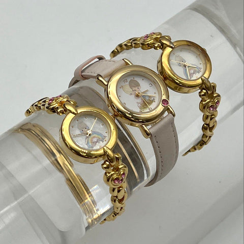 Vintage Precious Moments Gold Tone Watch Lot of 3 Pink Rhinestone Heart Leather