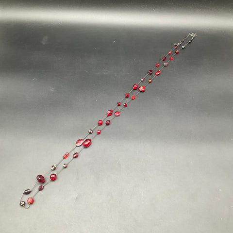 Vintage Debby Reid Silver Tone Red Faceted Glass Bead Station Necklace 25"