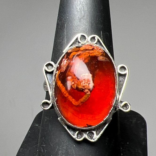 925 Sterling Silver Oval Orange Stone Ring Size 8.5