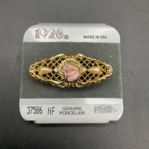1928 Victorian Revival Pink Rose Porcelain Brooch Earrings Set 14K GF Posts