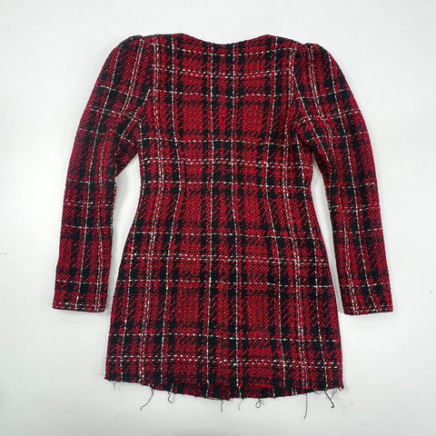 NBD Women's Red Black Plaid Tweed Crystal Button Blazer Jacket Sz M