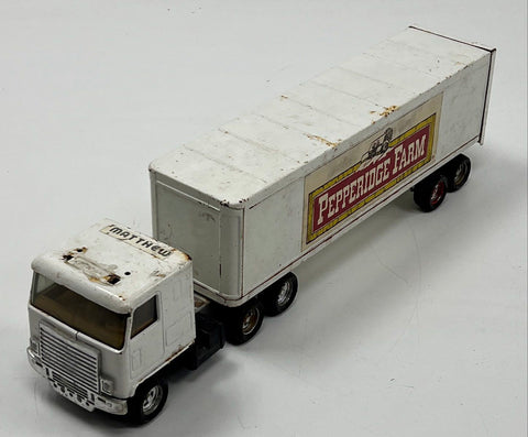 Vintage Pepperidge Farm Diecast Semi Truck with Trailer White Cab Over Engine