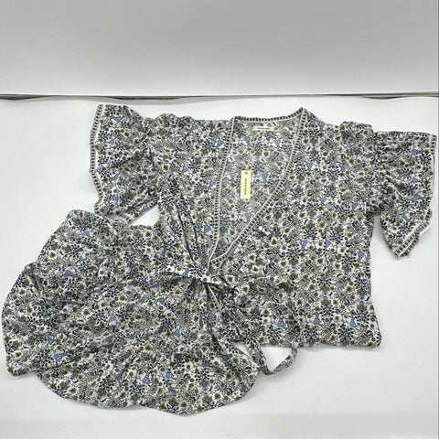 Max Studio Women's Floral Wrap Dress Blue White Ruffle Sleeve Sz M NWT