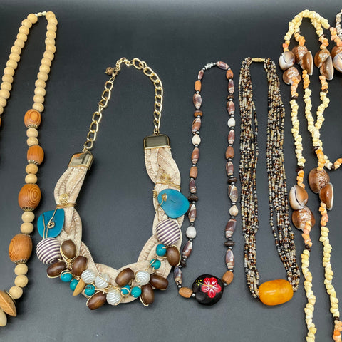 Bohemian Natural Jewelry Lot 11 Necklaces Wood Shell Beaded Earthy Tribal Boho