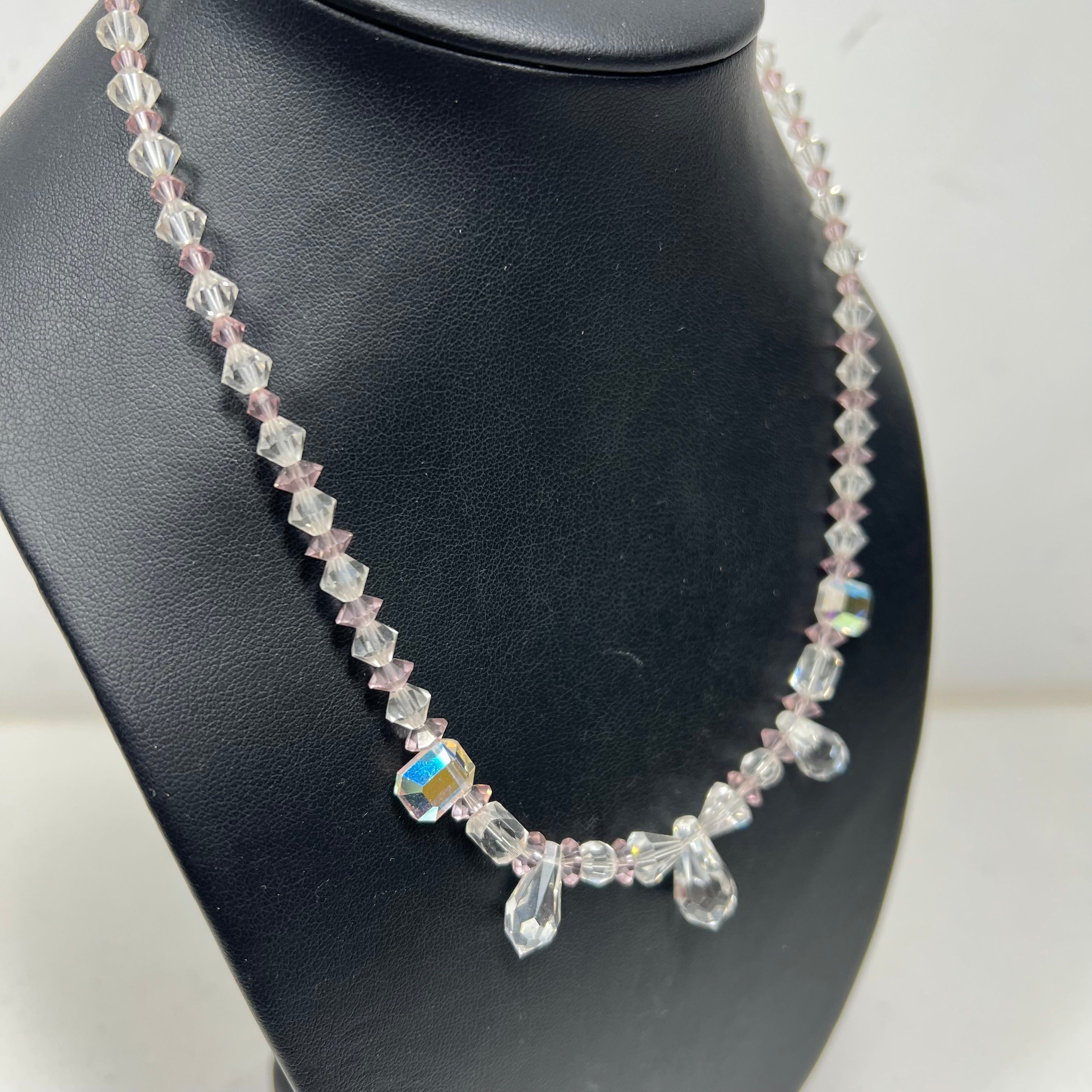 Vintage Aurora Borealis Collar Necklace Pink and Clear