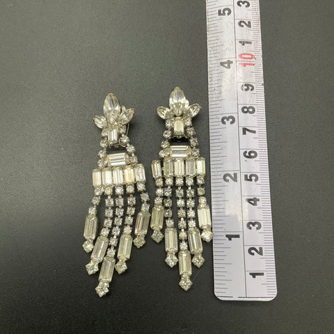 Vintage Mid-Century Silver Tone Rhinestone Bracelet & Chandelier Clip Earrings
