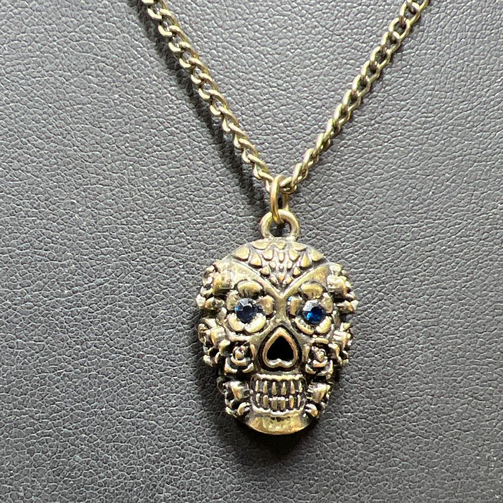 Blue Rhinestone Eyes Beaded Skull Necklace & Earrings Set