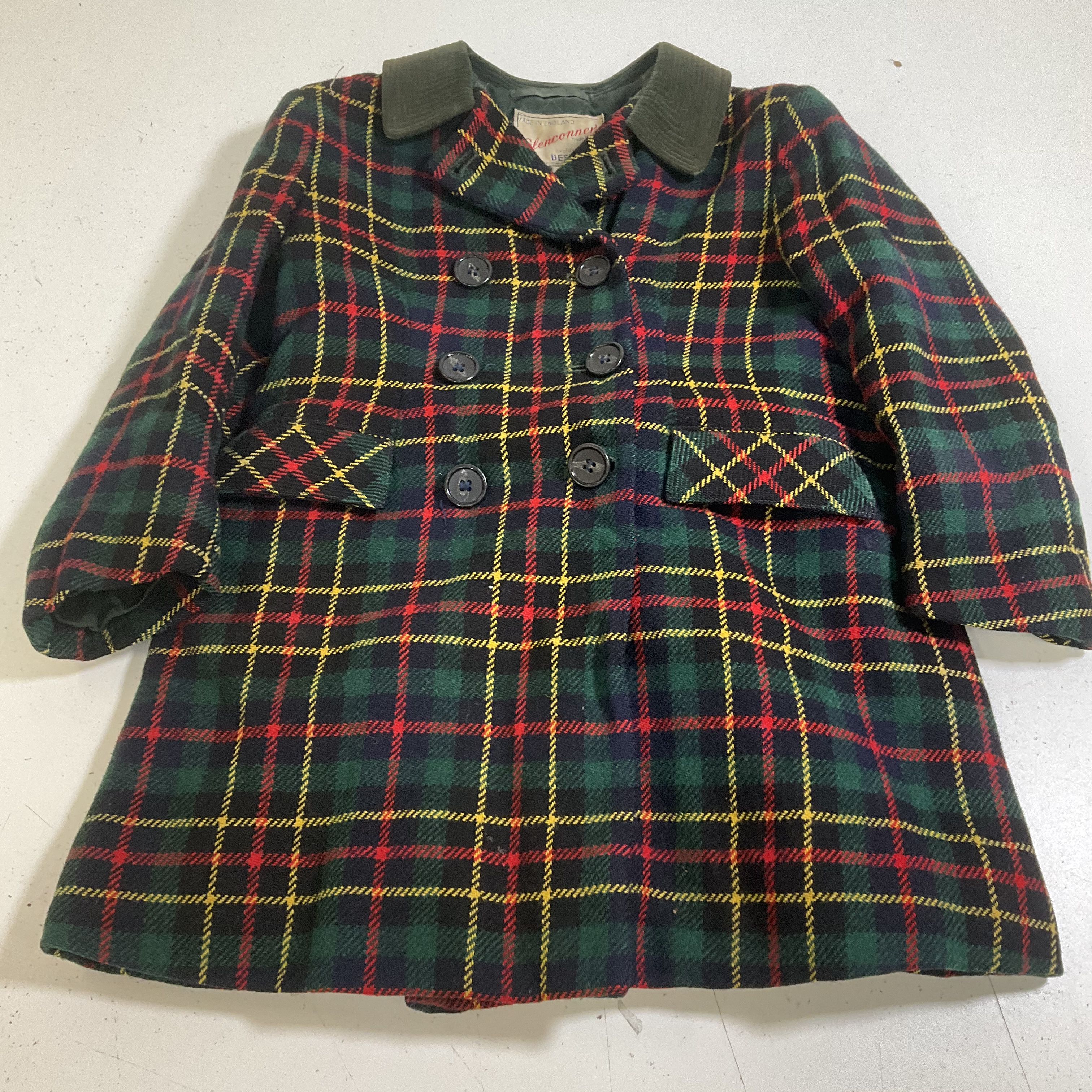 Vintage 60s Glenconner Green Plaid Wool Pea Coat Corduroy Collar Kids Size 6