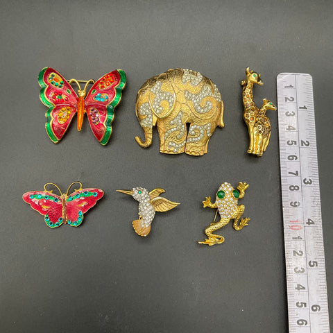 Vintage Gold Tone Animal Brooch Lot of 6 Butterfly Elephant Giraffe