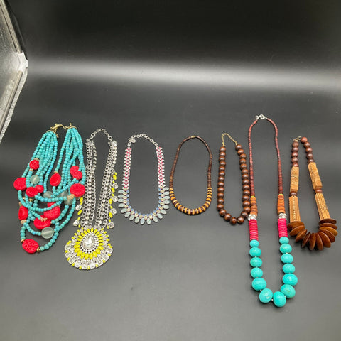 Statement Necklace Jewelry Lot of 7 Wood Faux Turquoise Neon Yellow Rhinestone