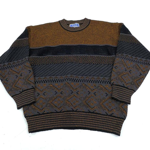 Ventillo Black Brown Vintage 80s Geometric Textured Knit Pullover Sweater Men's