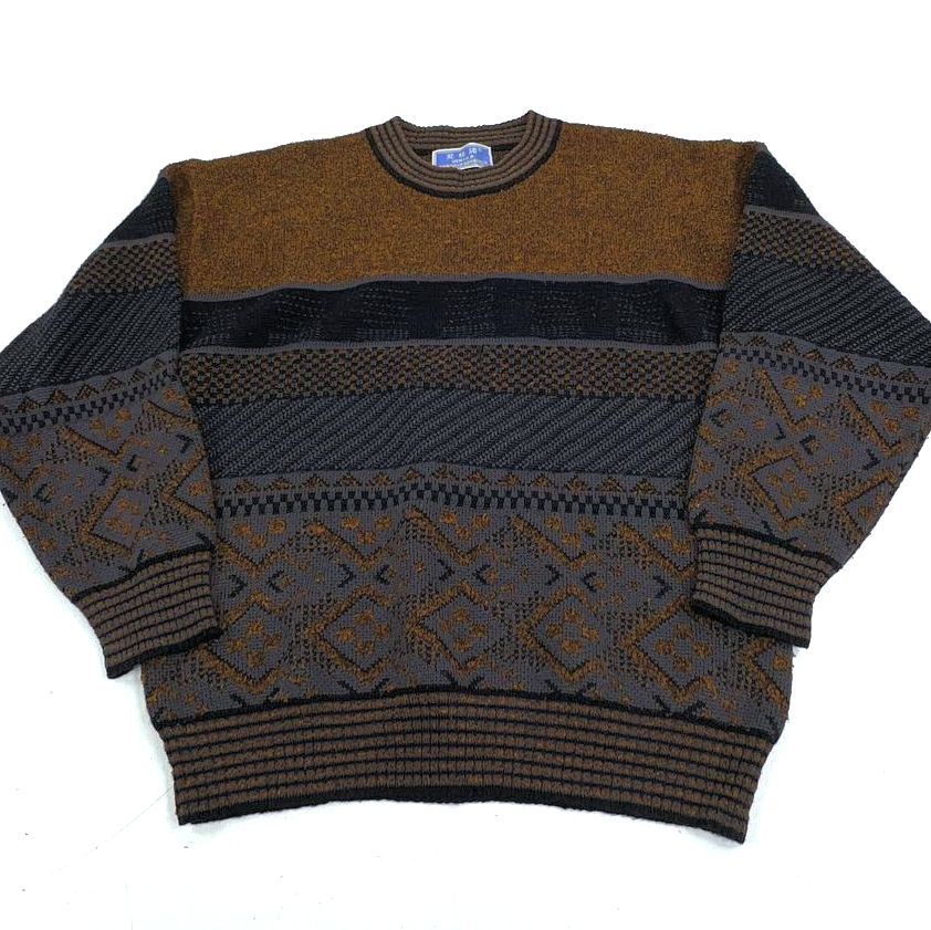 Ventillo Black Brown Vintage 80s Geometric Textured Knit Pullover Sweater Men's