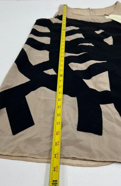 MM Couture Tan Black Silk Velvet Graphic Sheath Mini Dress Women's L NWD