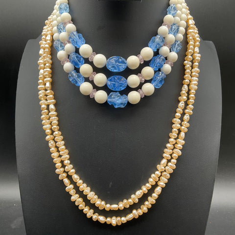 Vintage Costume Jewelry Lot 2 Necklaces Blue White Beaded & Faux Pearl Strands
