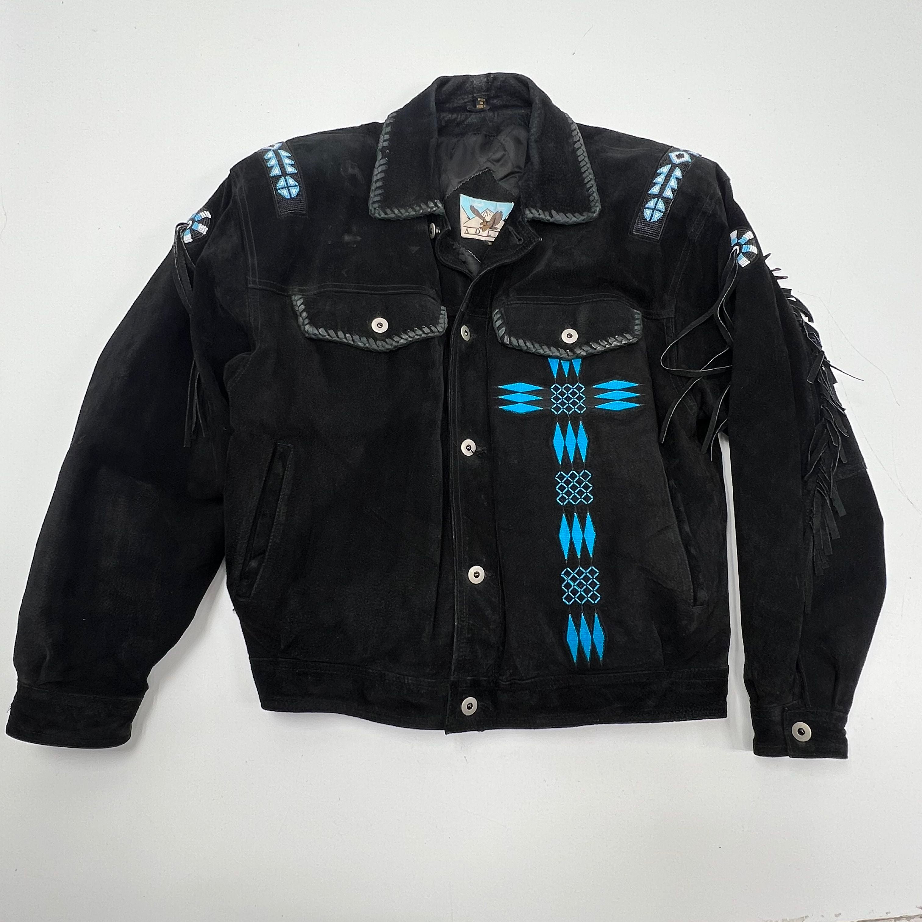 Vintage 90s Adler Suede Leather Beaded Fringe Western Jacket Sz M