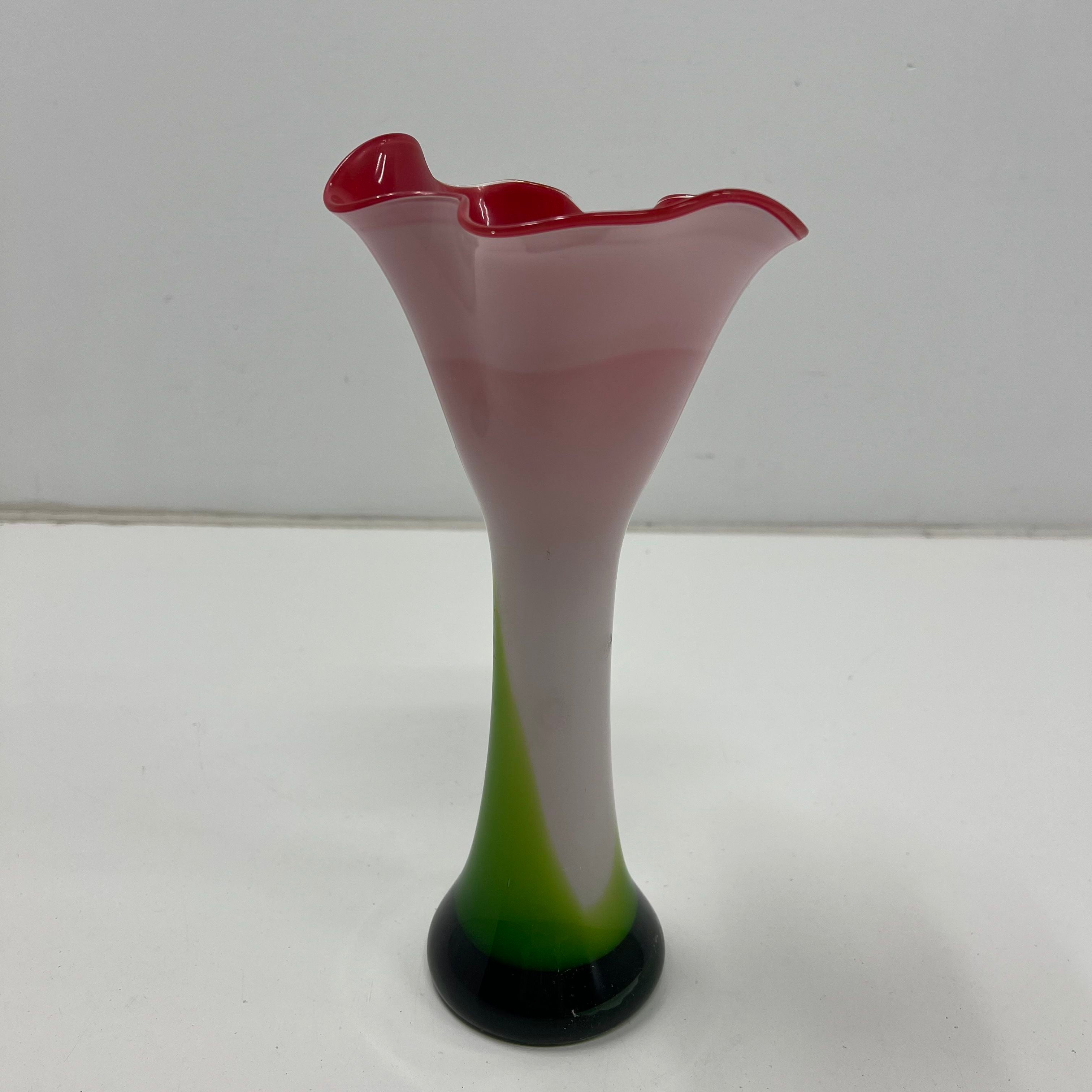 Vintage Murano Style Sommerso Art Glass Vase Calla Lily Ruffled Rim Unsigned
