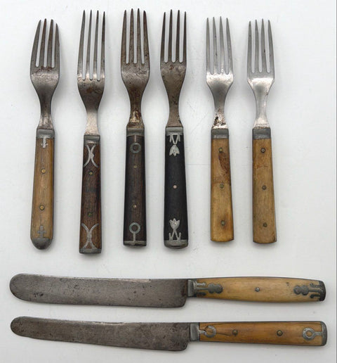 Vintage Folk Art Inlaid Handle Cutlery 8pc Set Wood Bone Steel Forks Knives