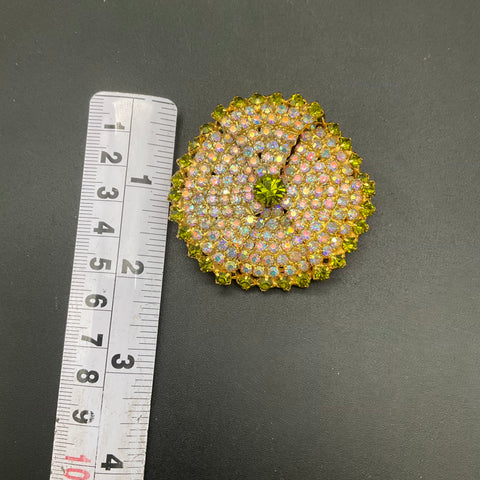 Vintage Mid-Century Green & Aurora Borealis Rhinestone Domed Brooch Gold Tone