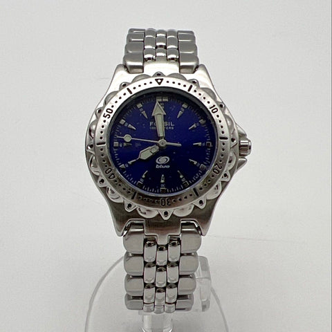 Vintage Fossil Blue AM-3099 Stainless Steel Women's Watches Lot w/ Tin