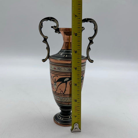 Vintage Greek Copper Vase Handmade Hand Painted Goat Motif Ornate Handles Greece